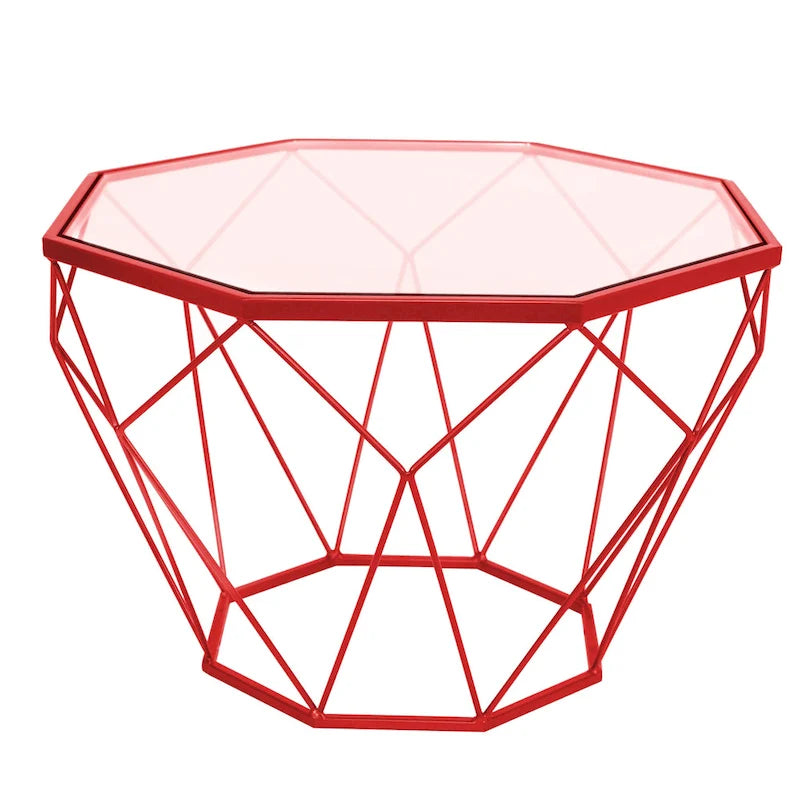 Tavolino moderno ottagonale in vetro con base geometrica in metallo