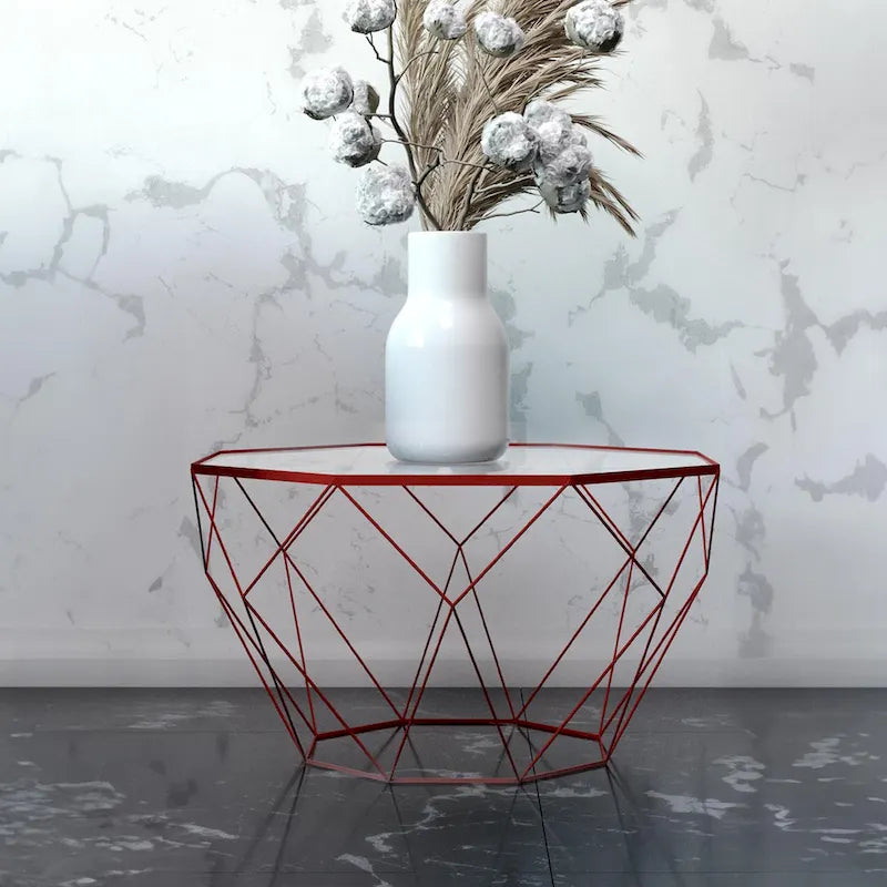 Tavolino moderno ottagonale in vetro con base geometrica in metallo