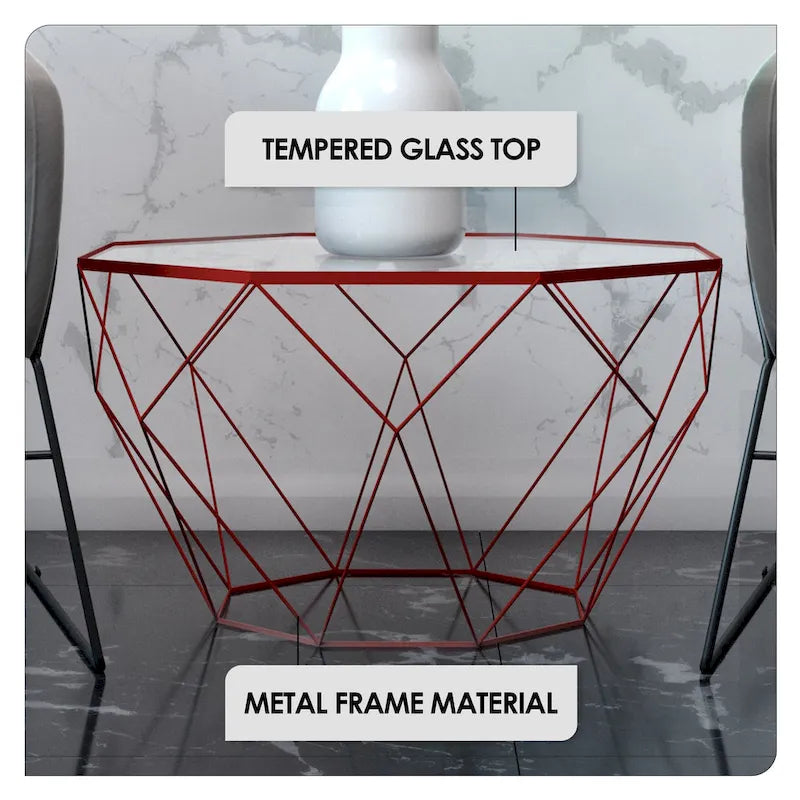 Tavolino moderno ottagonale in vetro con base geometrica in metallo