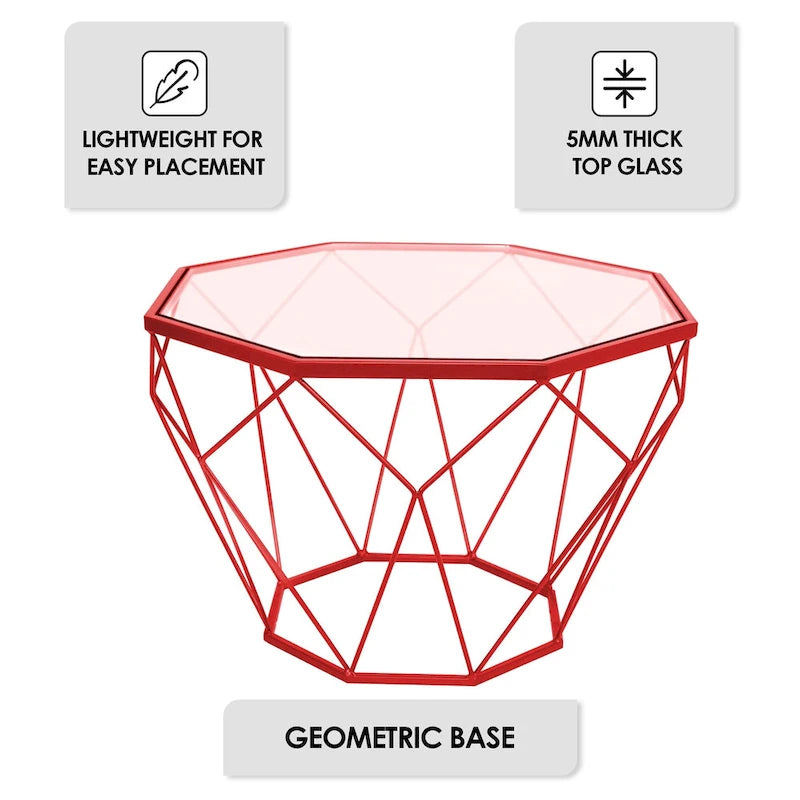 Tavolino moderno ottagonale in vetro con base geometrica in metallo