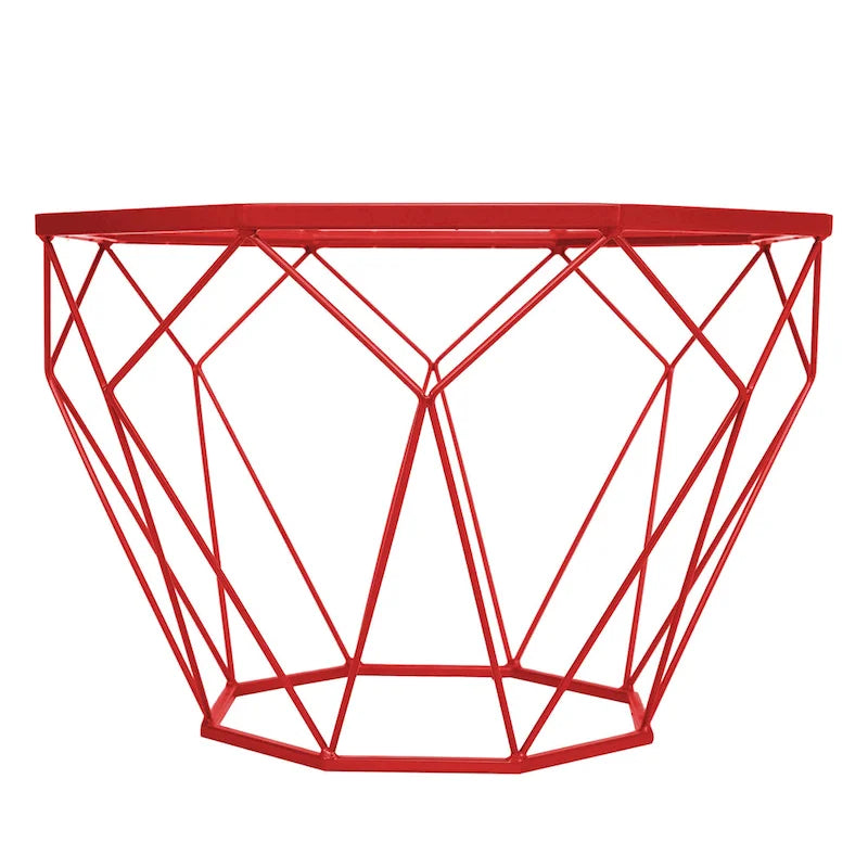 Tavolino moderno ottagonale in vetro con base geometrica in metallo