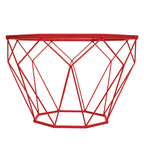 Tavolino moderno ottagonale in vetro con base geometrica in metallo