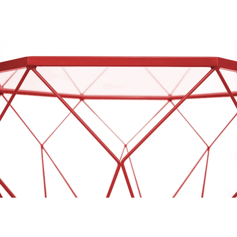 Tavolino moderno ottagonale in vetro con base geometrica in metallo