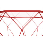 Tavolino moderno ottagonale in vetro con base geometrica in metallo