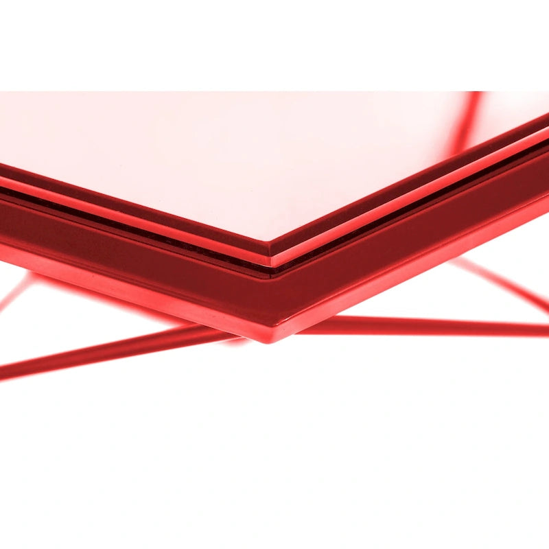Tavolino moderno ottagonale in vetro con base geometrica in metallo