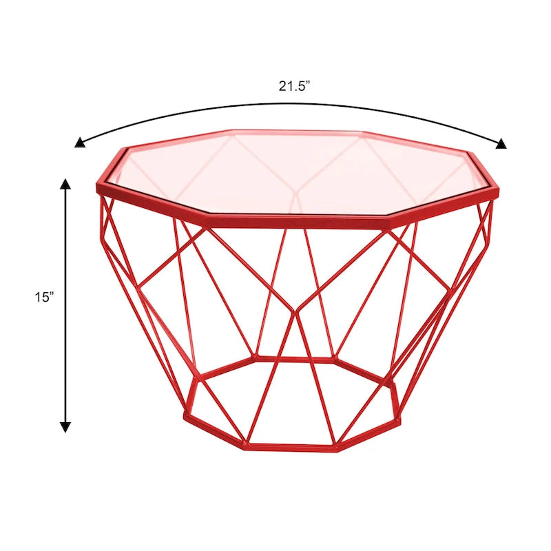 Tavolino moderno ottagonale in vetro con base geometrica in metallo
