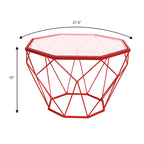 Tavolino moderno ottagonale in vetro con base geometrica in metallo