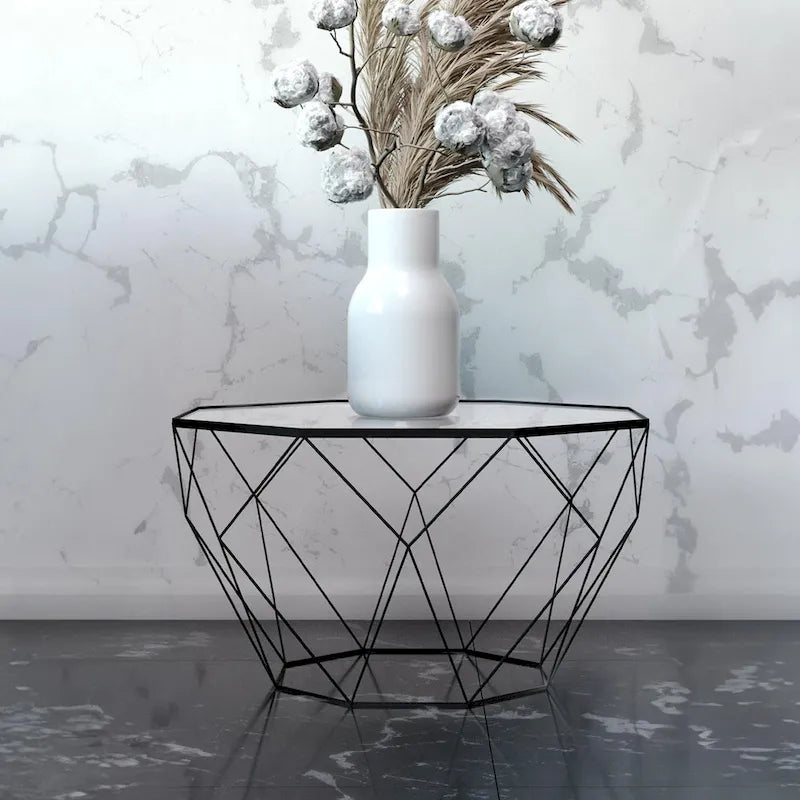 Tavolino moderno ottagonale in vetro con base geometrica in metallo