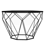 Tavolino moderno ottagonale in vetro con base geometrica in metallo