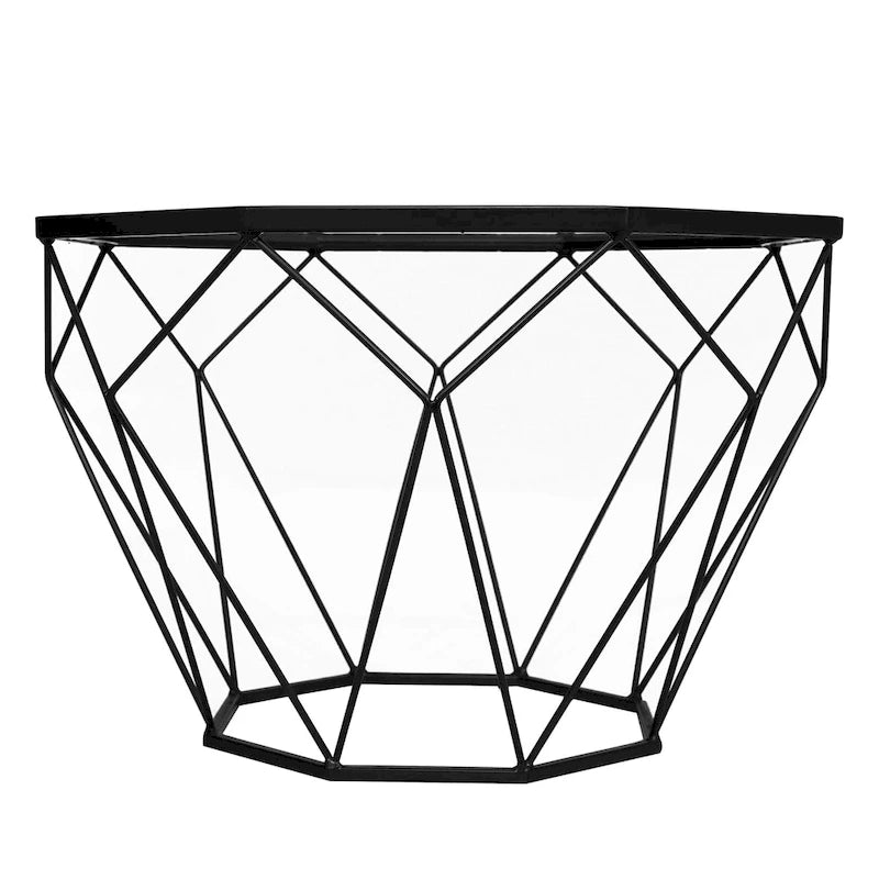 Tavolino moderno ottagonale in vetro con base geometrica in metallo