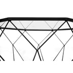 Tavolino moderno ottagonale in vetro con base geometrica in metallo