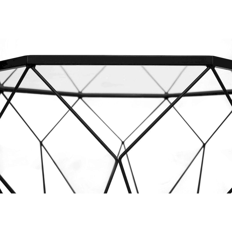 Tavolino moderno ottagonale in vetro con base geometrica in metallo