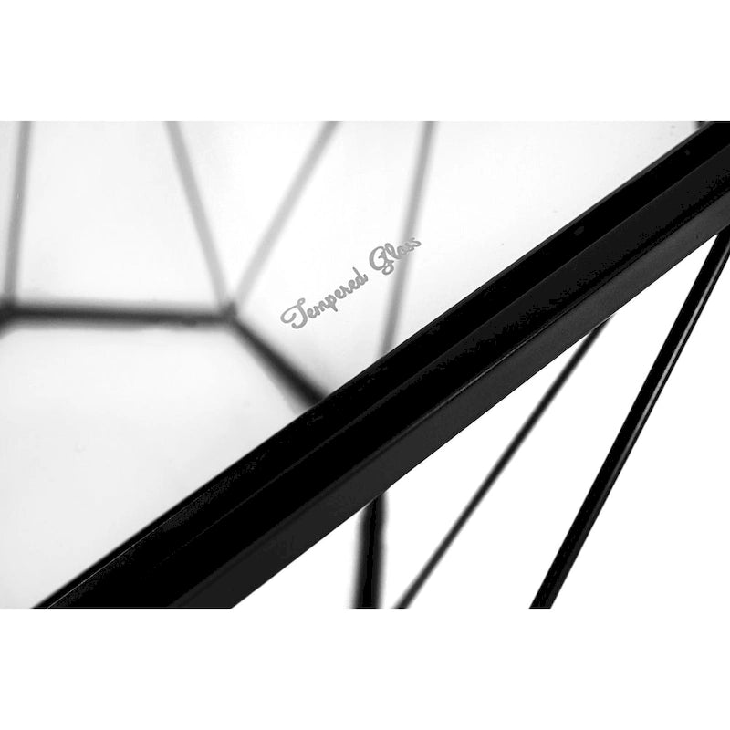 Tavolino moderno ottagonale in vetro con base geometrica in metallo