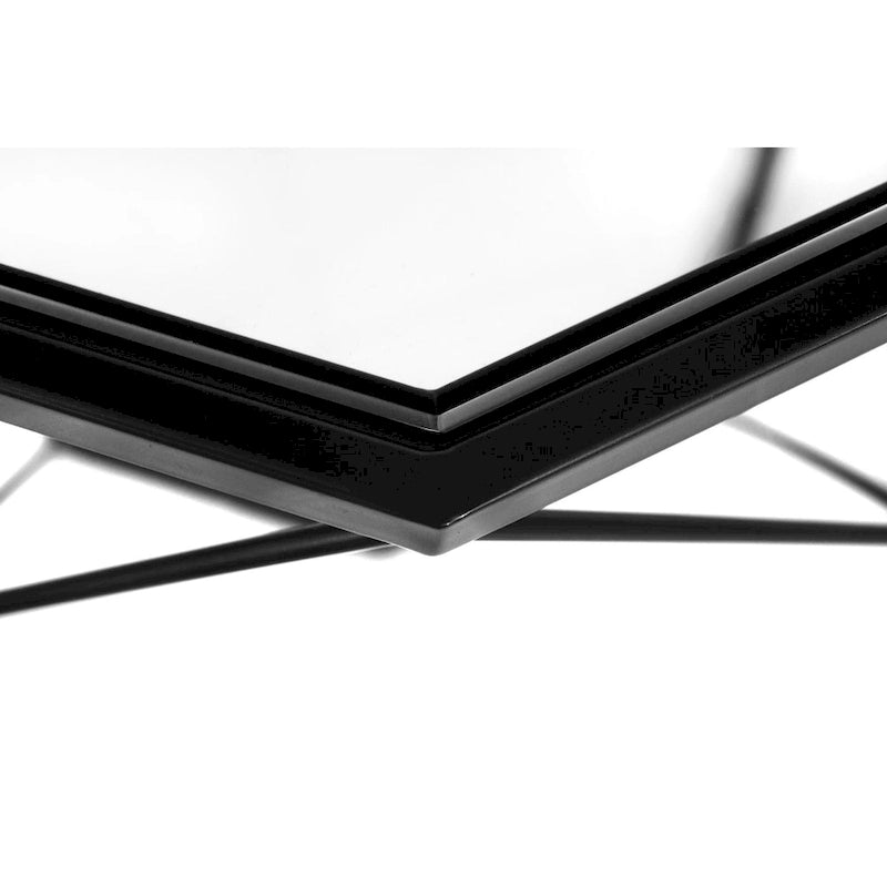 Tavolino moderno ottagonale in vetro con base geometrica in metallo