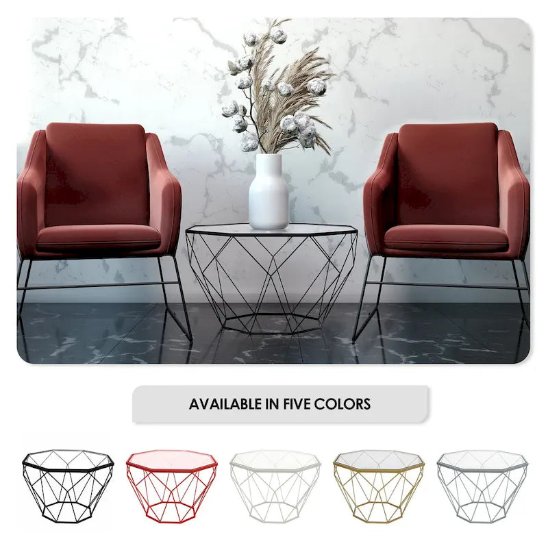 Tavolino moderno ottagonale in vetro con base geometrica in metallo