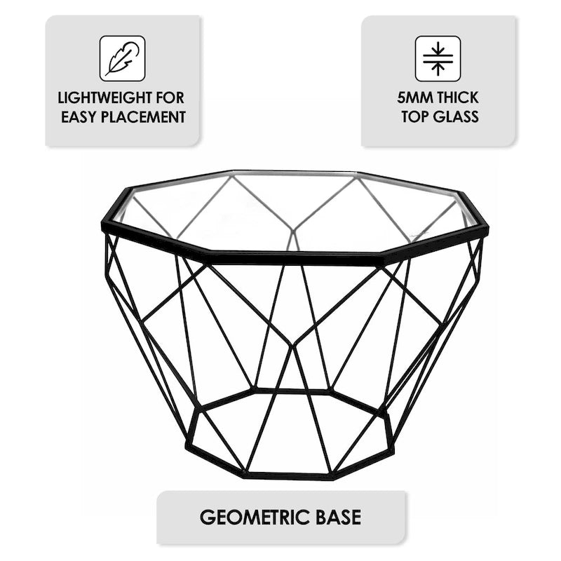 Tavolino moderno ottagonale in vetro con base geometrica in metallo