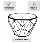 Tavolino moderno ottagonale in vetro con base geometrica in metallo