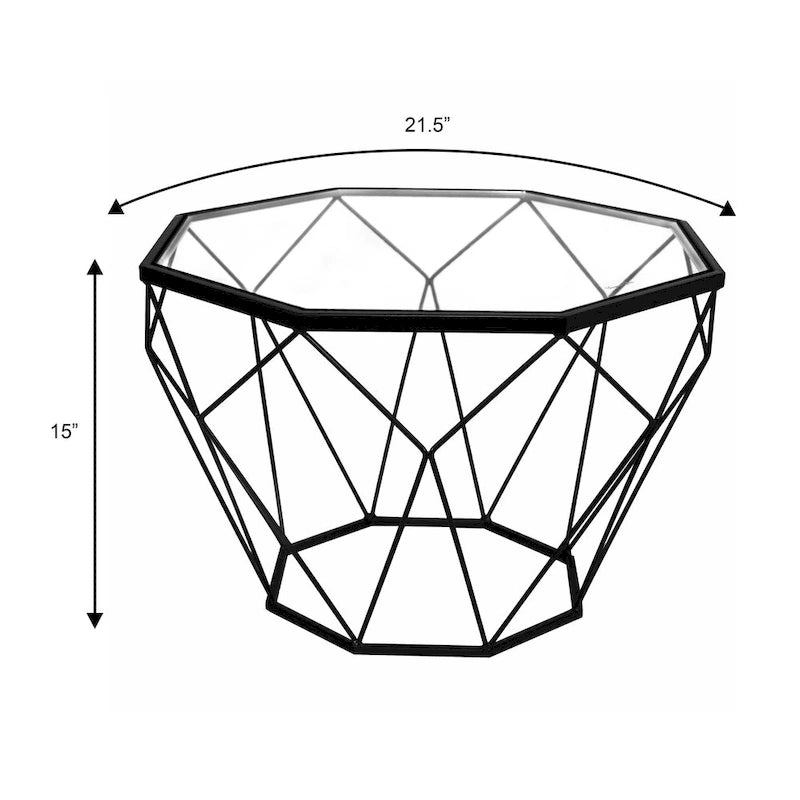 Tavolino moderno ottagonale in vetro con base geometrica in metallo