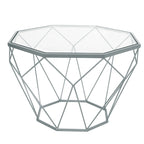 Tavolino moderno ottagonale in vetro con base geometrica in metallo