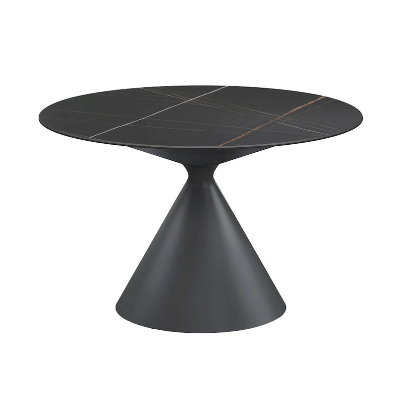 Tavolo da pranzo rotondo con piano in ceramica e base a piedistallo in acciaio