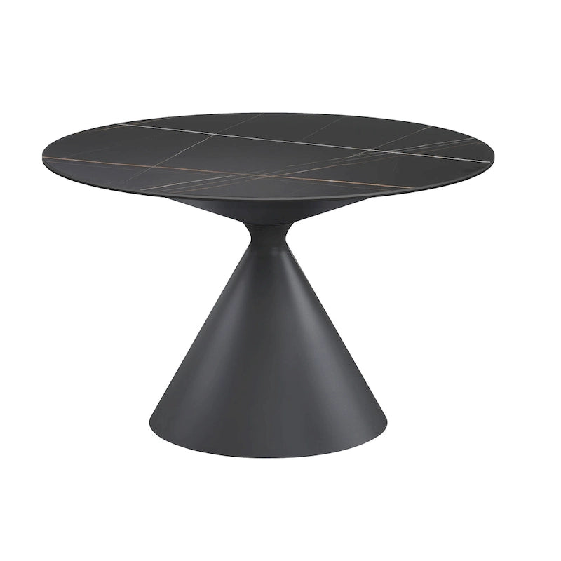 Tavolo da pranzo rotondo con piano in ceramica e base a piedistallo in acciaio
