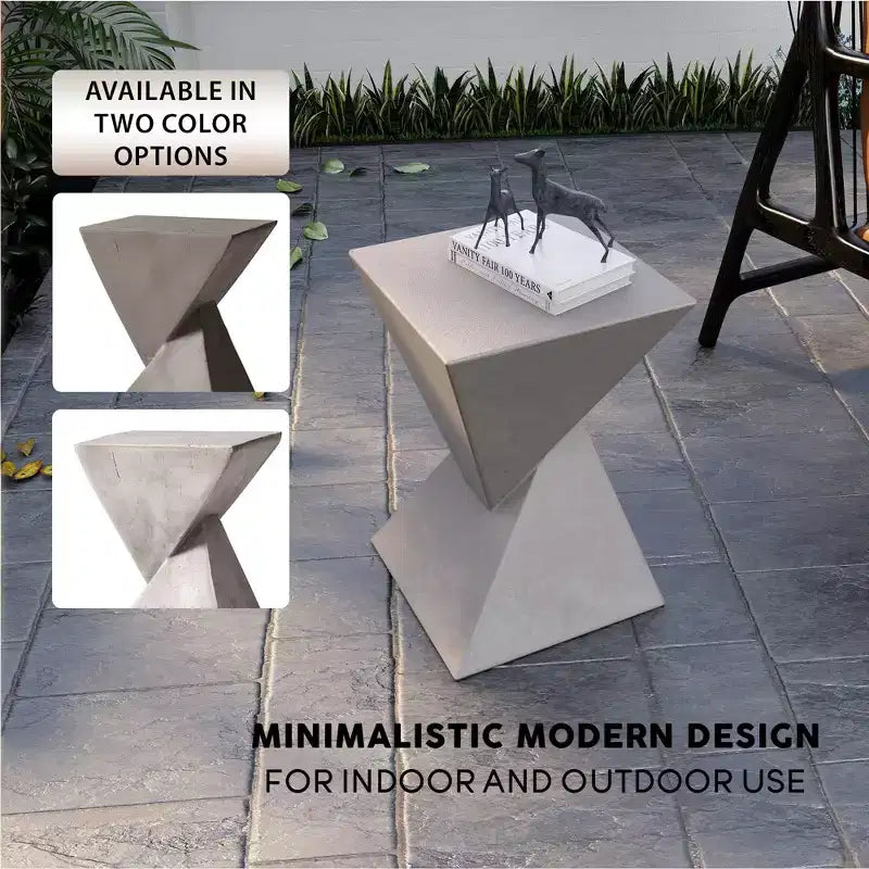 Table d'appoint de patio sablier sculptural LeisureMod Glint, table d'appoint moderne carrée en pierre de fibre pour l'intérieur et l'extérieur pour le salon, le bureau ou le jardin