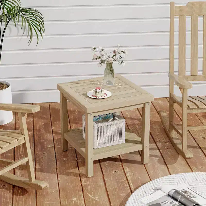 Costway 1/2 PCS Table d'appoint d'extérieur à 2 niveaux, Table d'appoint en bois de teck avec étagère de rangement Naturel
