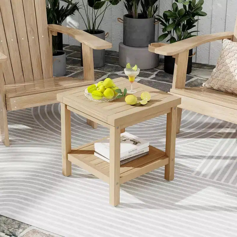 Costway 1/2 PCS Table d'appoint d'extérieur à 2 niveaux, Table d'appoint en bois de teck avec étagère de rangement Naturel