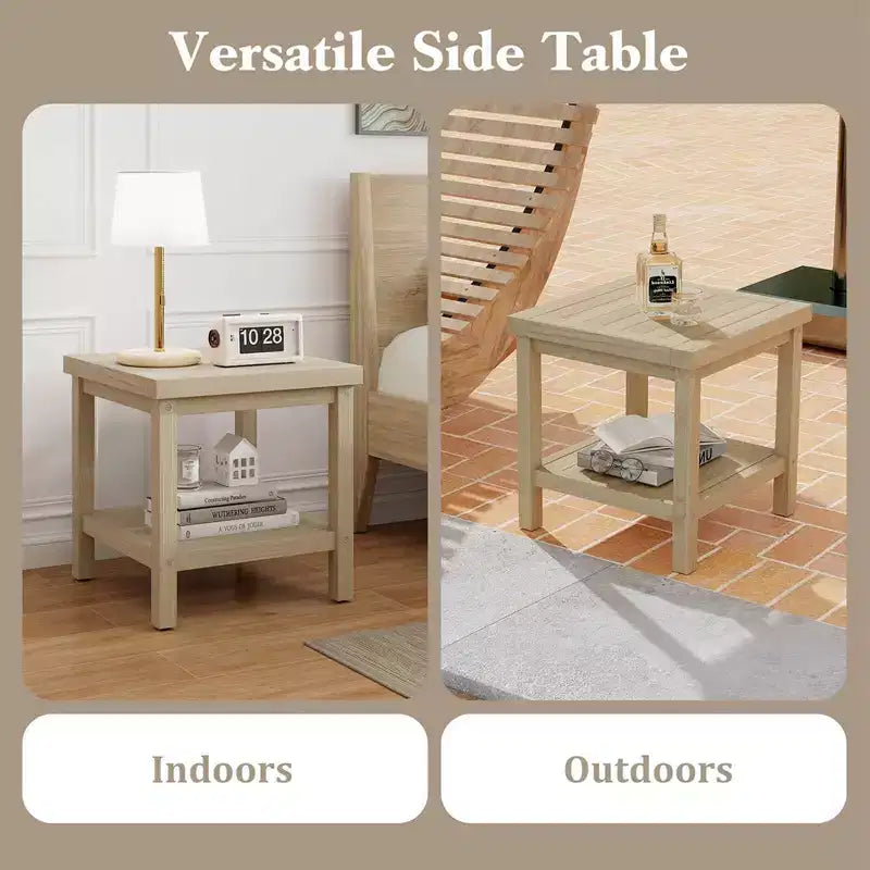 Costway 1/2 PCS Table d'appoint d'extérieur à 2 niveaux, Table d'appoint en bois de teck avec étagère de rangement Naturel