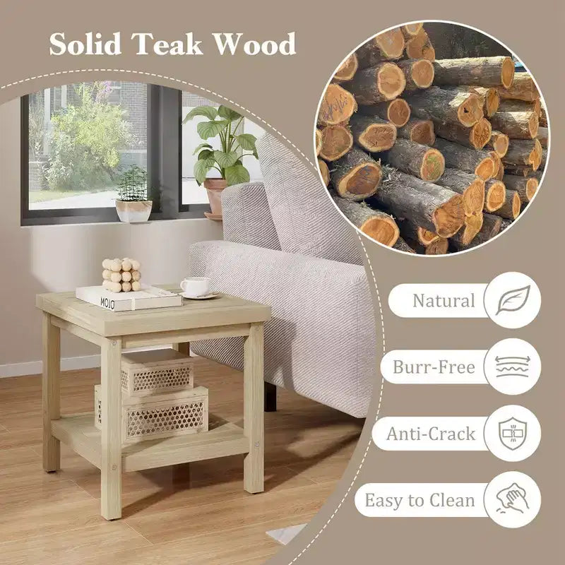 Costway 1/2 PCS Table d'appoint d'extérieur à 2 niveaux, Table d'appoint en bois de teck avec étagère de rangement Naturel