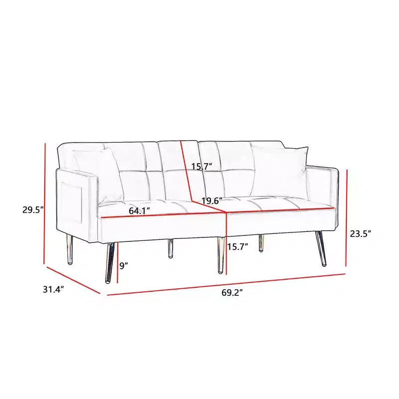 Divano letto futon convertibile da 69,2" con 2 cuscini, divanetto futon con schienale regolabile, divano futon in velluto per camera degli ospiti e soggiorno