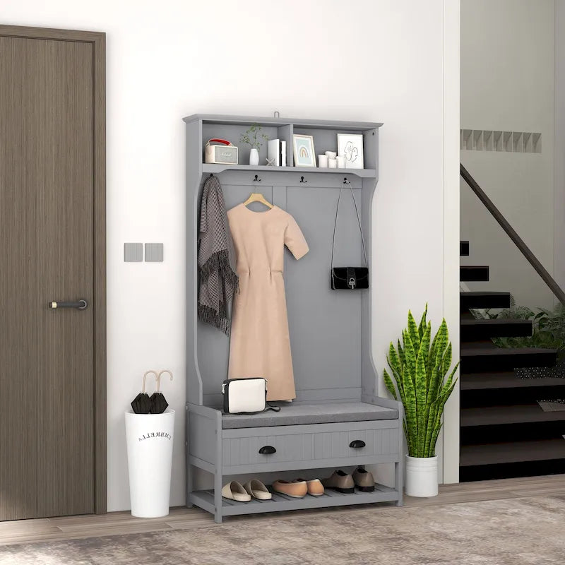 Panchina Appendiabiti con 4 Ganci, 2 Cassetti e Cuscino Imbottito, Grigio