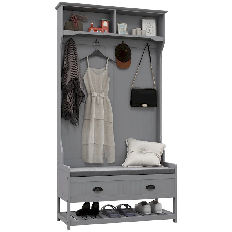 Panchina Appendiabiti con 4 Ganci, 2 Cassetti e Cuscino Imbottito, Grigio