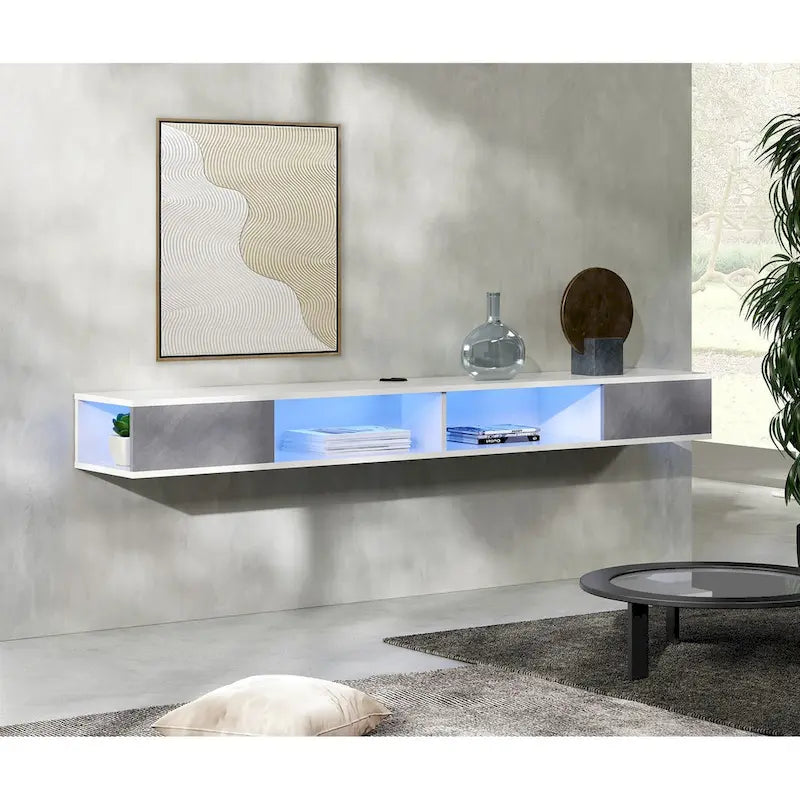 WAMPAT 70 Floating TV Stand Wall Mounted, Floating Entertainment Center for Living Room Bedroom, White&Grey