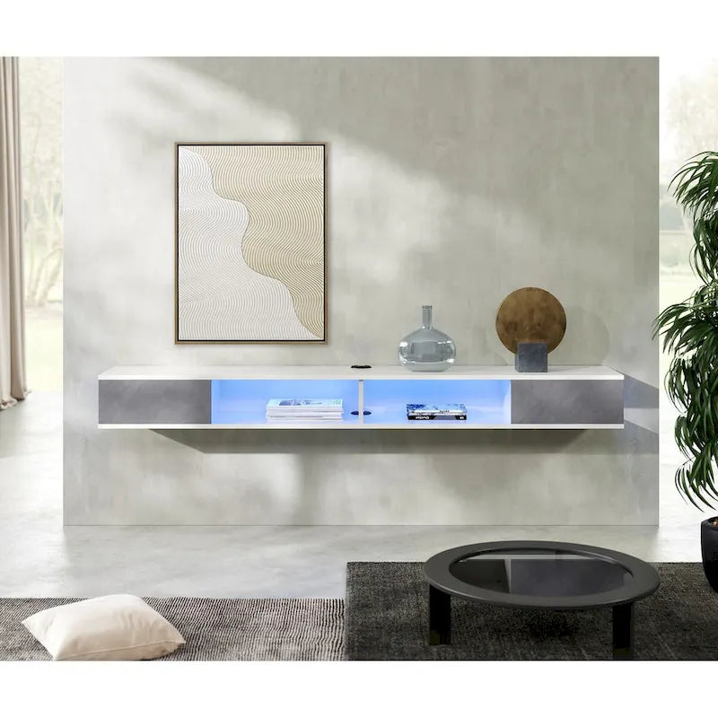 Mobile TV galleggiante da 70" montato a parete, Centro di intrattenimento per soggiorno camera da letto, Bianco e grigio
