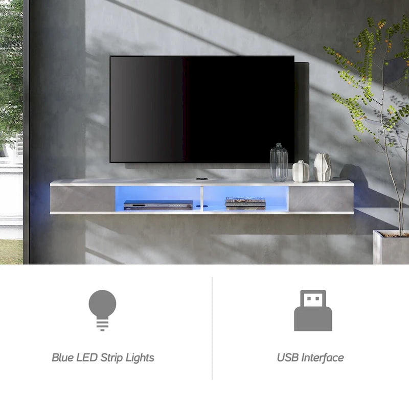 Mobile TV galleggiante da 70" montato a parete, Centro di intrattenimento per soggiorno camera da letto, Bianco e grigio