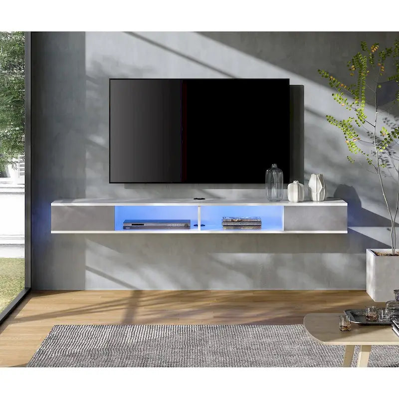 Mobile TV galleggiante da 70" montato a parete, Centro di intrattenimento per soggiorno camera da letto, Bianco e grigio