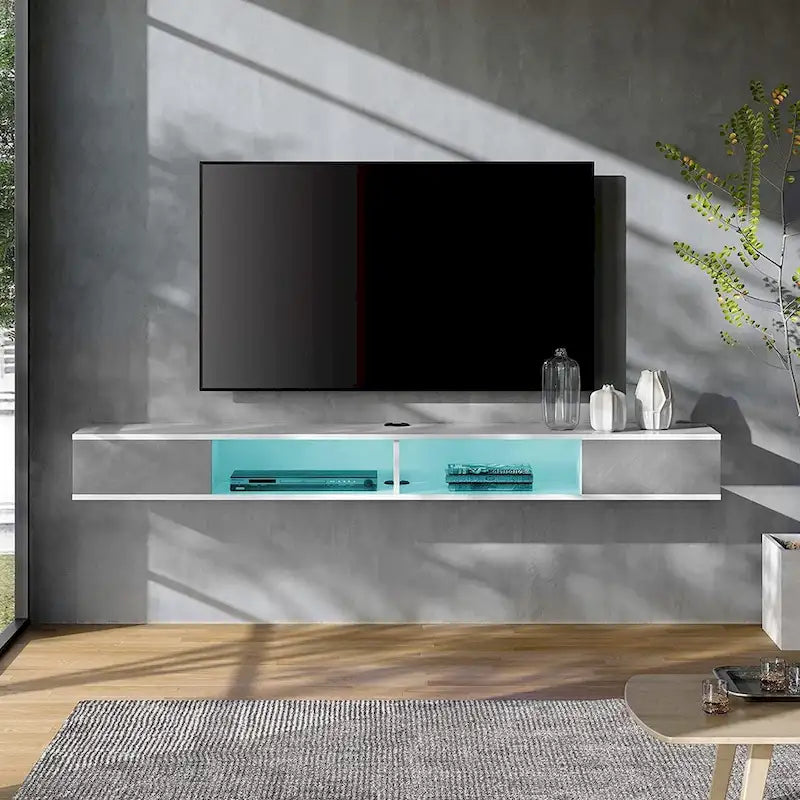 Mobile TV galleggiante da 70" montato a parete, Centro di intrattenimento per soggiorno camera da letto, Bianco e grigio