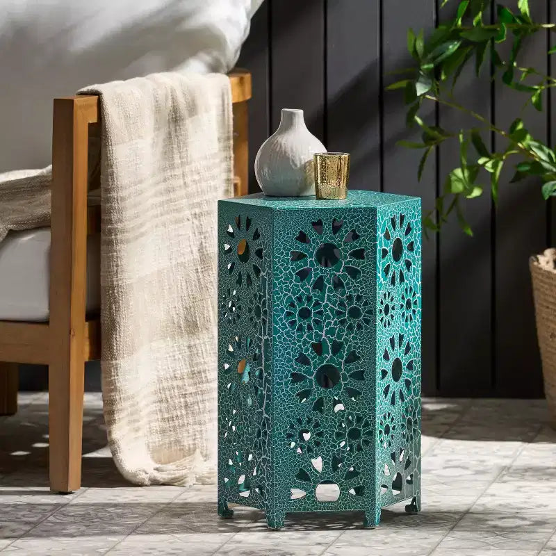 GDFStudio Elliot Tavolino da esterno a raggiera in ferro da 30 cm, Teal screpolato