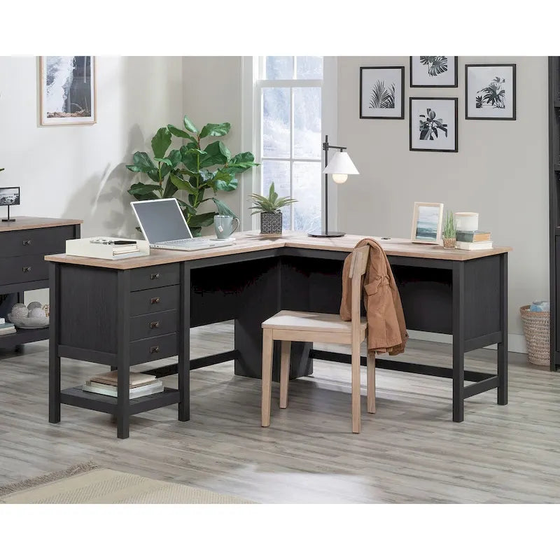 Scrivania ad angolo con cassetti e contenitori per ufficio domestico