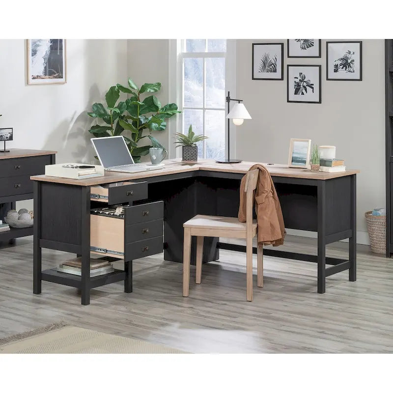 Scrivania ad angolo con cassetti e contenitori per ufficio domestico
