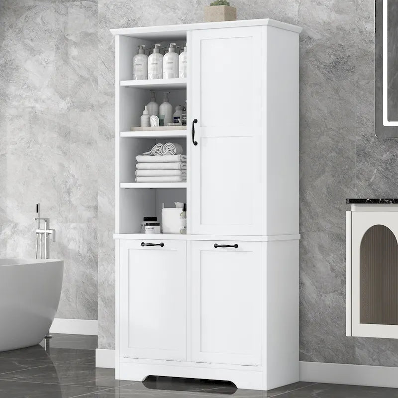 Mobile da bagno con cesto portabiancheria a ribalta e ripiani regolabili