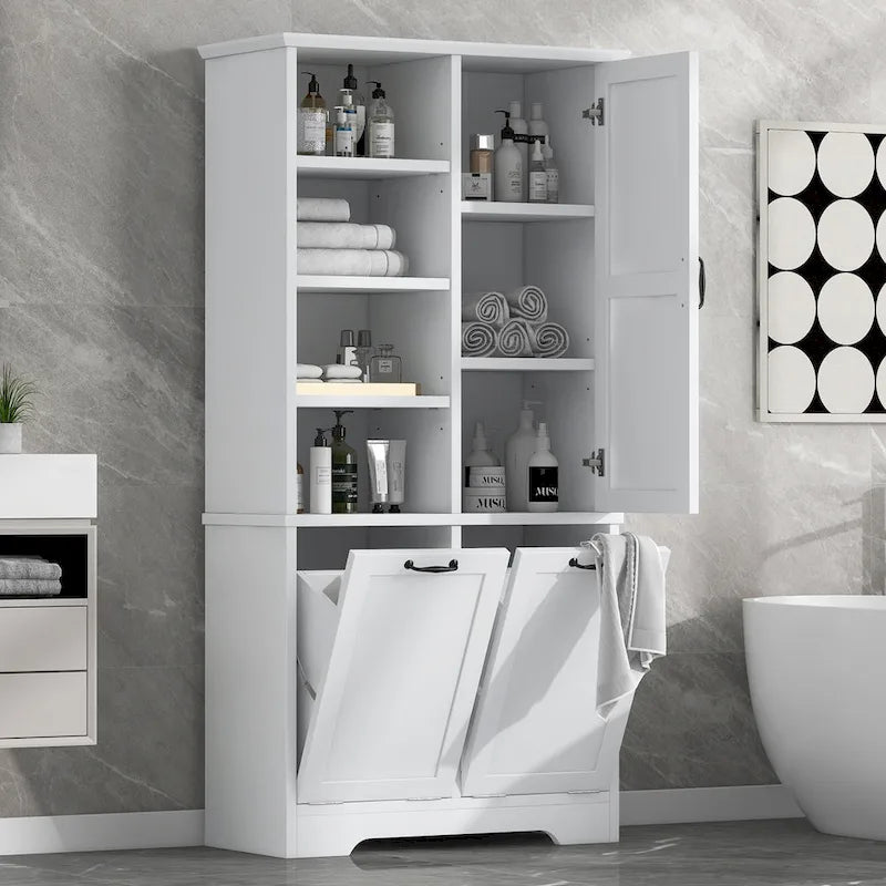 Mobile da bagno con cesto portabiancheria a ribalta e ripiani regolabili