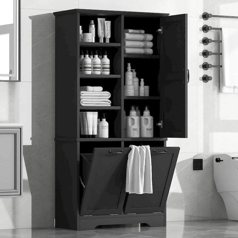 Mobile da bagno con cesto portabiancheria a ribalta e ripiani regolabili