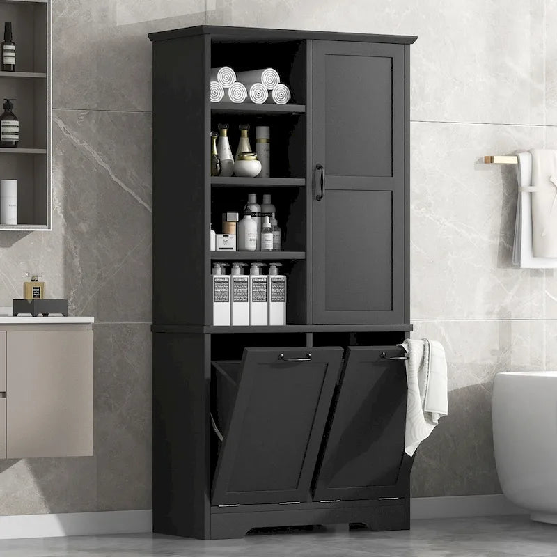 Mobile da bagno con cesto portabiancheria a ribalta e ripiani regolabili
