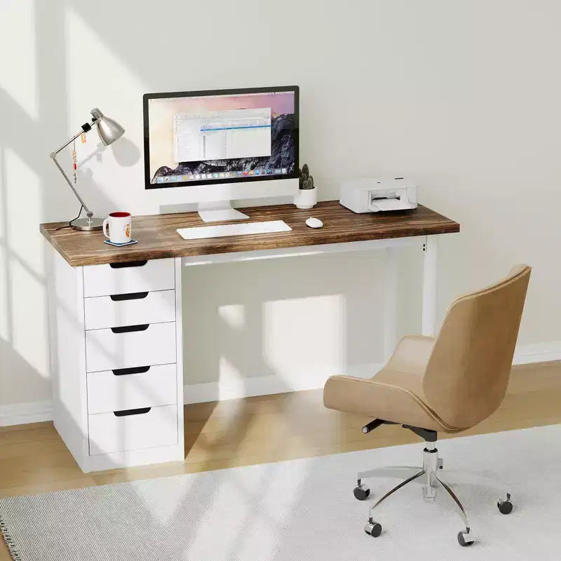 Scrivania per computer da 47 pollici con 5 cassetti, tavolo da studio/scrittura moderno rustico reversibile, workstation per ufficio domestico per piccoli spazi