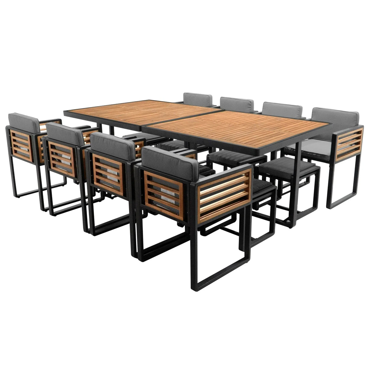 Set da pranzo da esterno in legno di acacia da 18 pezzi, 8 sedie imbottite e 8 pouf e 2 tavoli quadrati