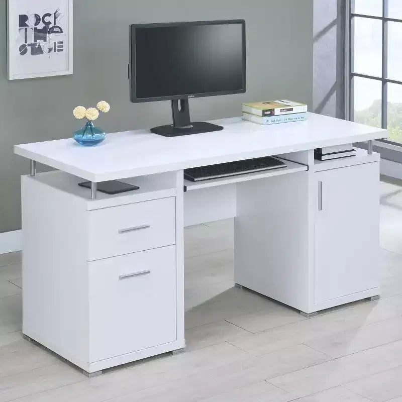 TUYOHW 55 Scrivania da scrittura in legno, scrivania per computer da ufficio con 2 cassetti, 1 armadietto, 1 ripiano aperto, 1 anta, scrivania da lavoro per ufficio domestico, studio, piccoli spazi