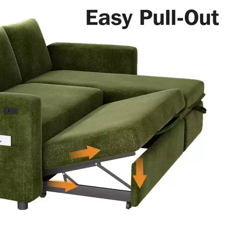 Divano Letto Estraibile 2 in 1 con Chaise Longue Contenitore, Divano Componibile in Ciniglia con Porte USB per Soggiorno