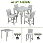 Set da pranzo moderno di 5 pezzi con tavolo quadrato ad altezza bancone e 4 sedie imbottite